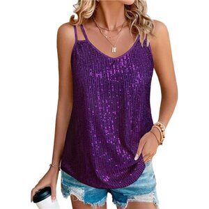Womens Sequin Tops V Neck Tank Tops Purple